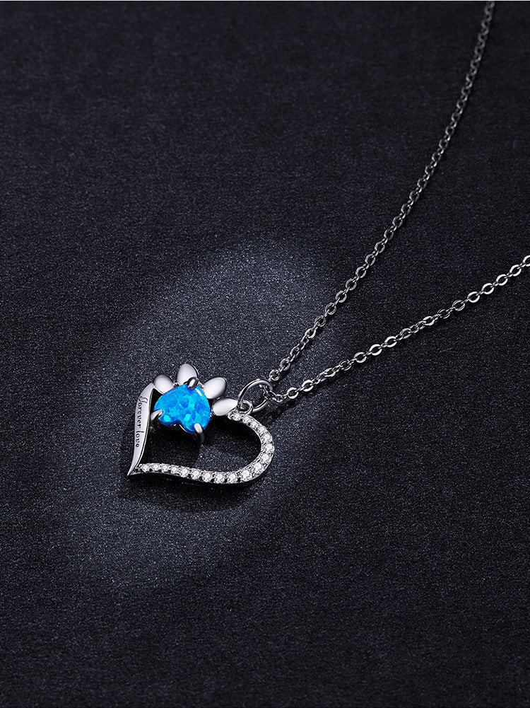 White Gold Plated Blue Opal Zircon Heart-shaped Pure Necklace