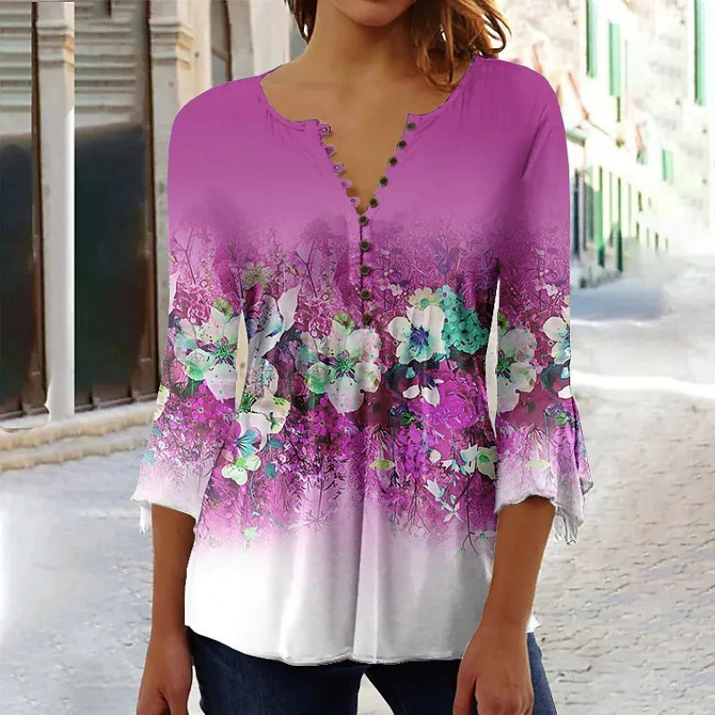 Button V-neck Flared Sleeve Shirt