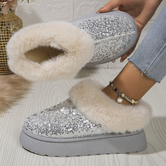 Fashion Sequined Thick-soled Plush Slippers