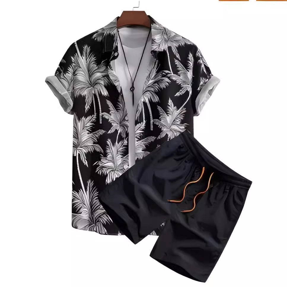 Black And White Striped Hawaiian Men's Shirt Set