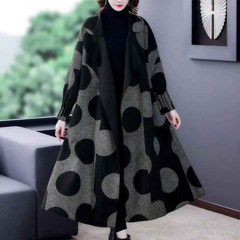 Loose Mid-length Large Lapel Polka Dot Coat