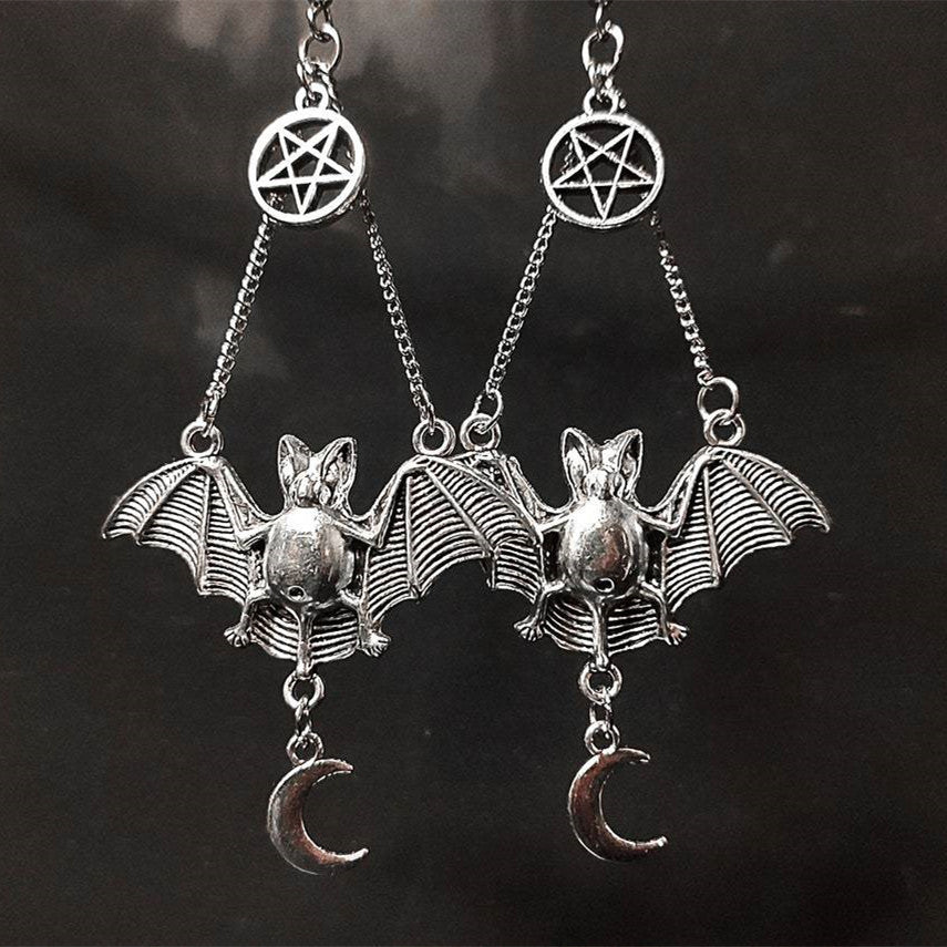 Pentagram Bat Moon Charm Earrings