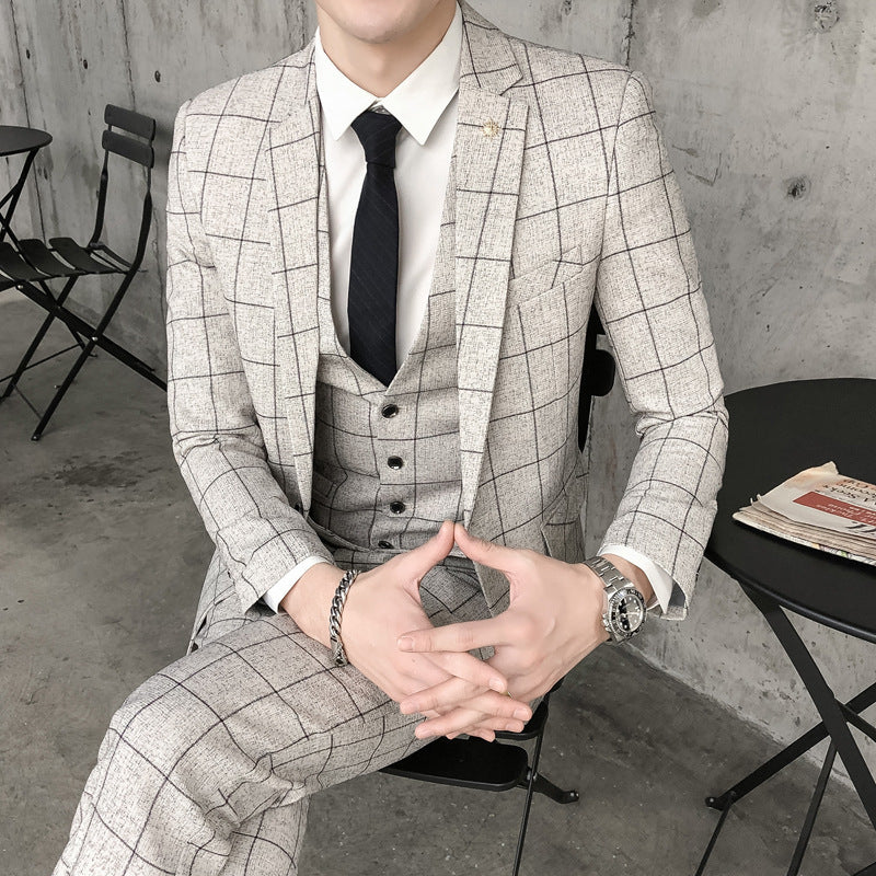 Men's Plaid Slim Fit Three-piece Suit