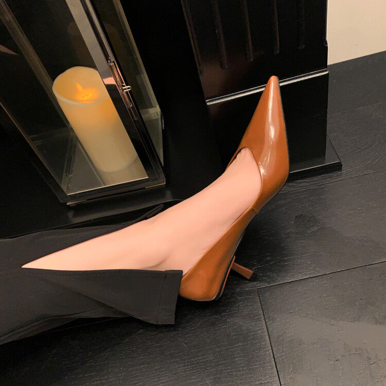 Patent Sheepskin Stiletto Heel Pointed Toe V-shaped Mouth Pumps