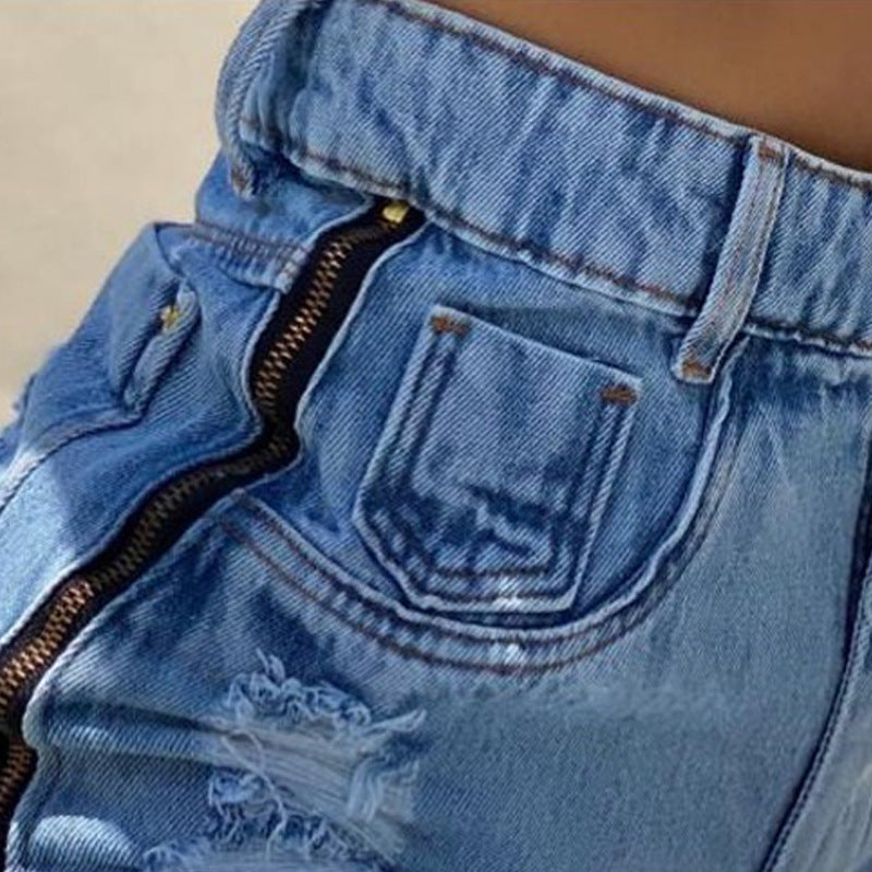 Side Zipper Ripped High Waist Denim Shorts