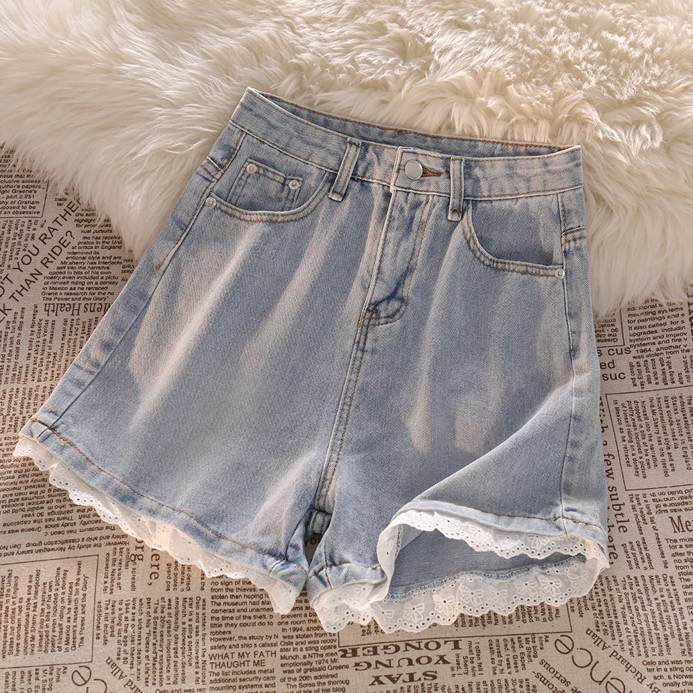 Women's High-waist Lace Denim Shorts