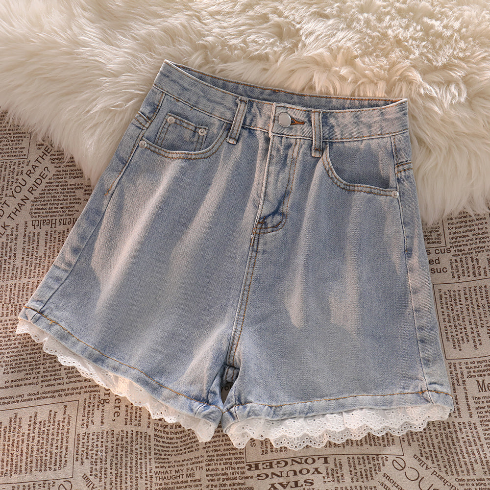 Women's High-waist Lace Denim Shorts