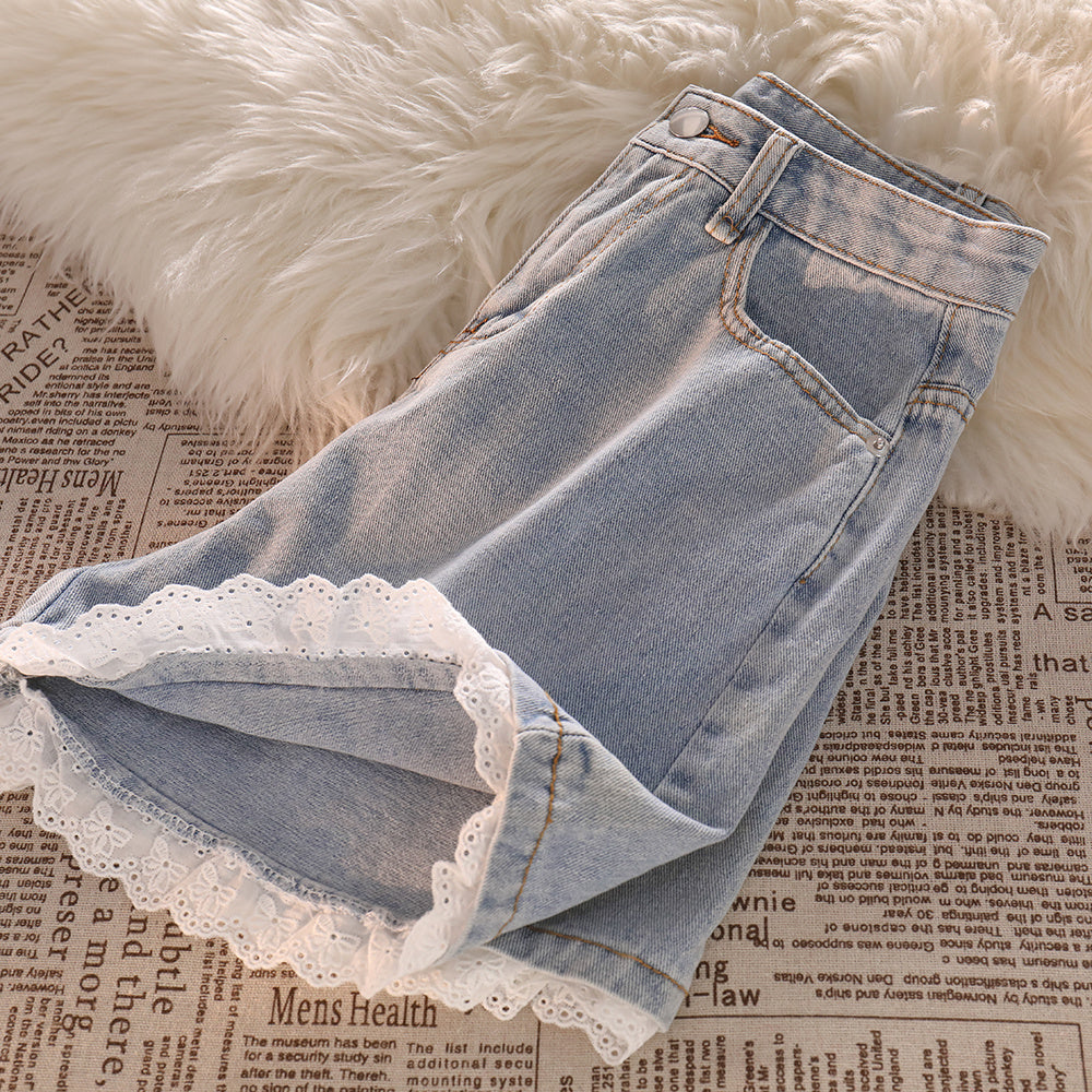 Women's High-waist Lace Denim Shorts