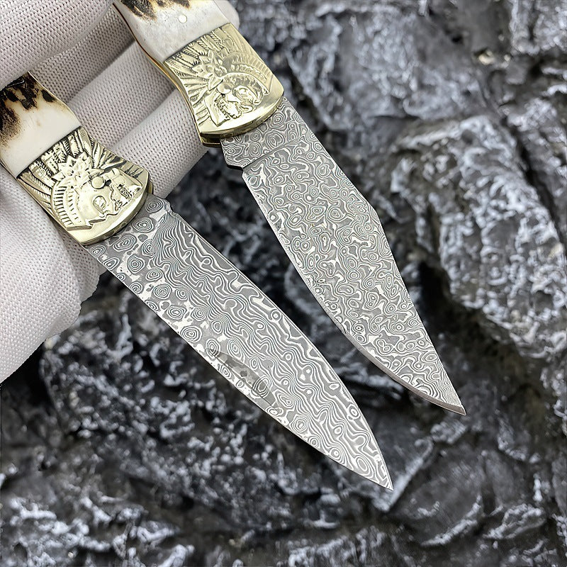 Antler Pocket Damascus Folding Knife