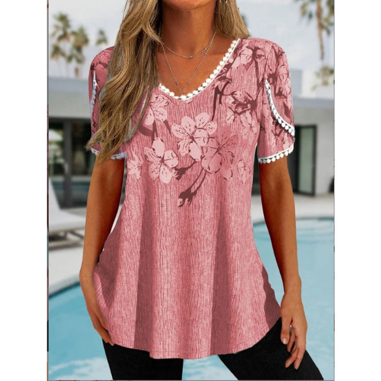 Loose Ruffled V-neck Short-sleeved Printed Top