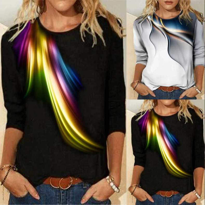 Casual Gradient Printed Round Neck Long Sleeve T-shirt