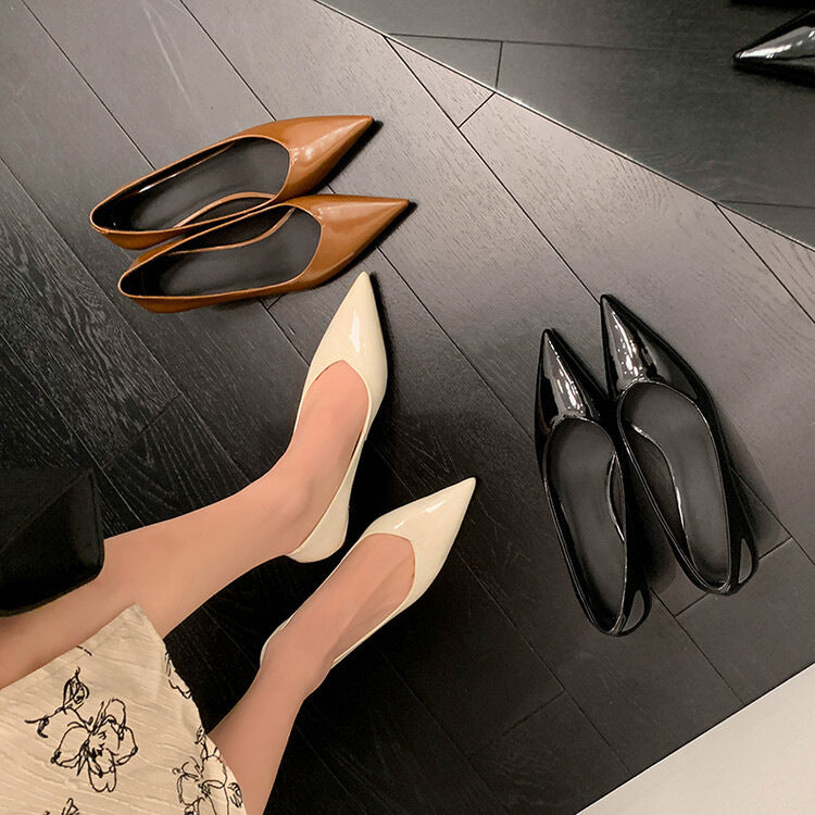 Patent Sheepskin Stiletto Heel Pointed Toe V-shaped Mouth Pumps