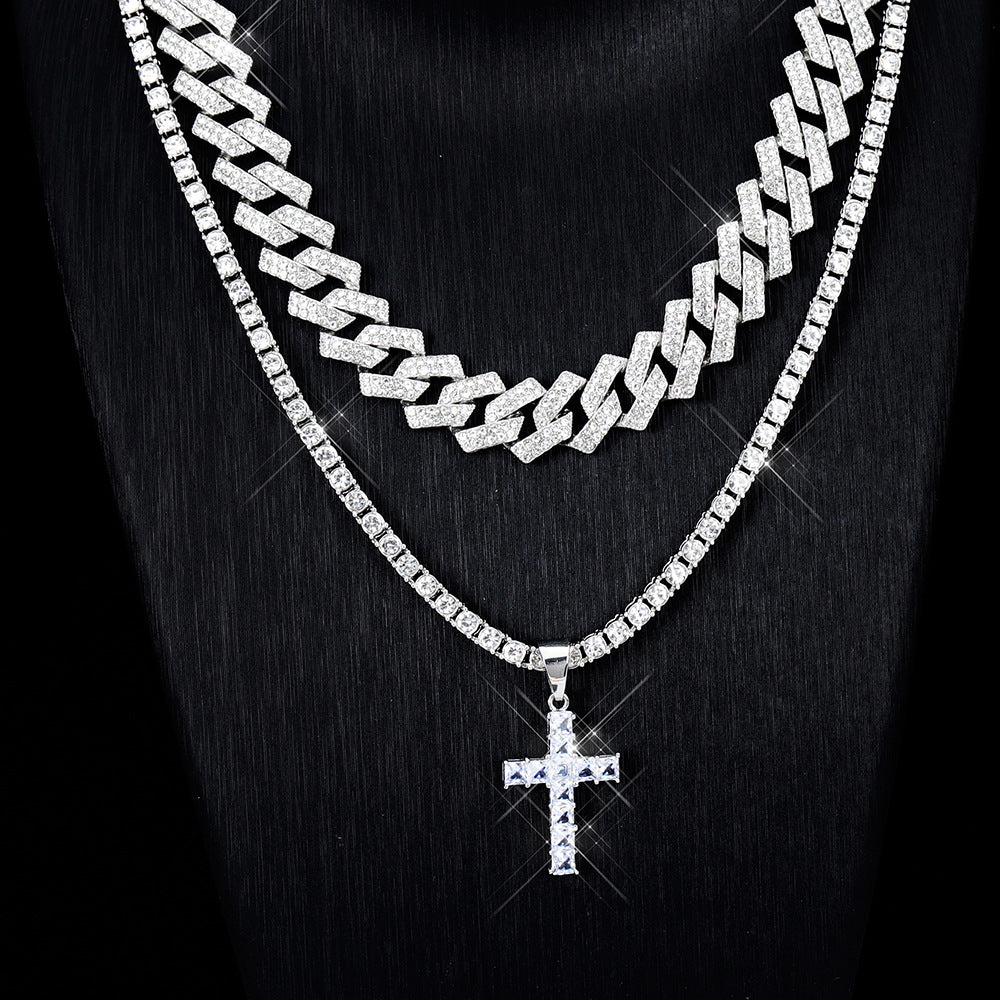 Zircon Cross Pendant, Hip Hop Full Miami Curb Cuban Chain Iced Out Paved Rhinestones Necklace