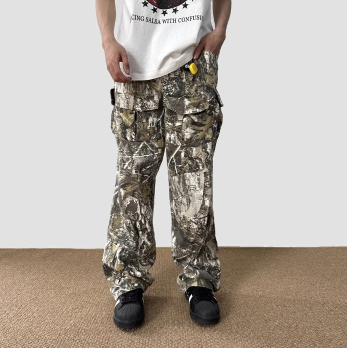 Loose Straight Tree Worn Looking Washed-out Camouflage Printed Overalls