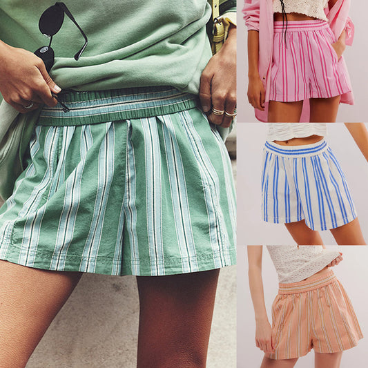 Women's Striped Casual Elastic Pocket Beach Shorts