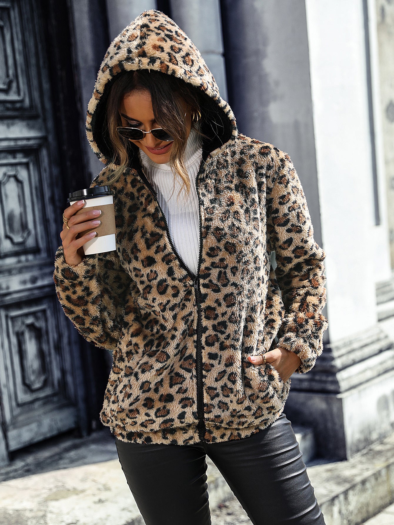 Women's Hooded Leopard Print Double-sided Velvet Loose Casual Jacket