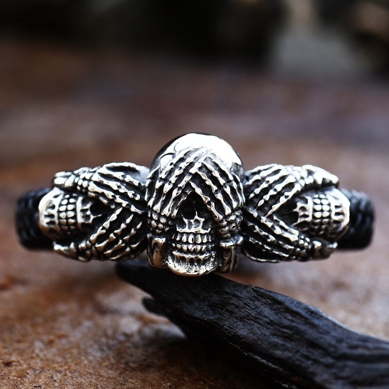 Stainless Steel Skull Leather Bracelet