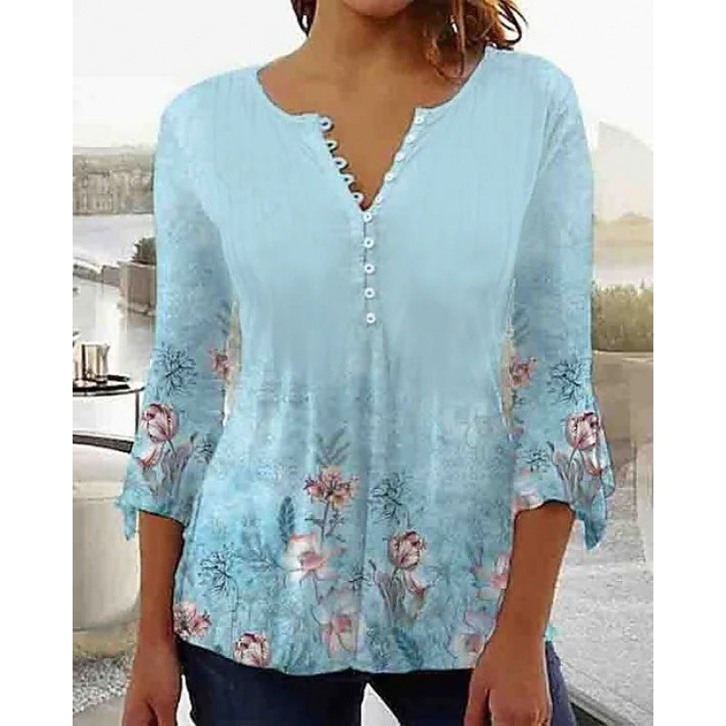 Button V-neck Flared Sleeve Shirt