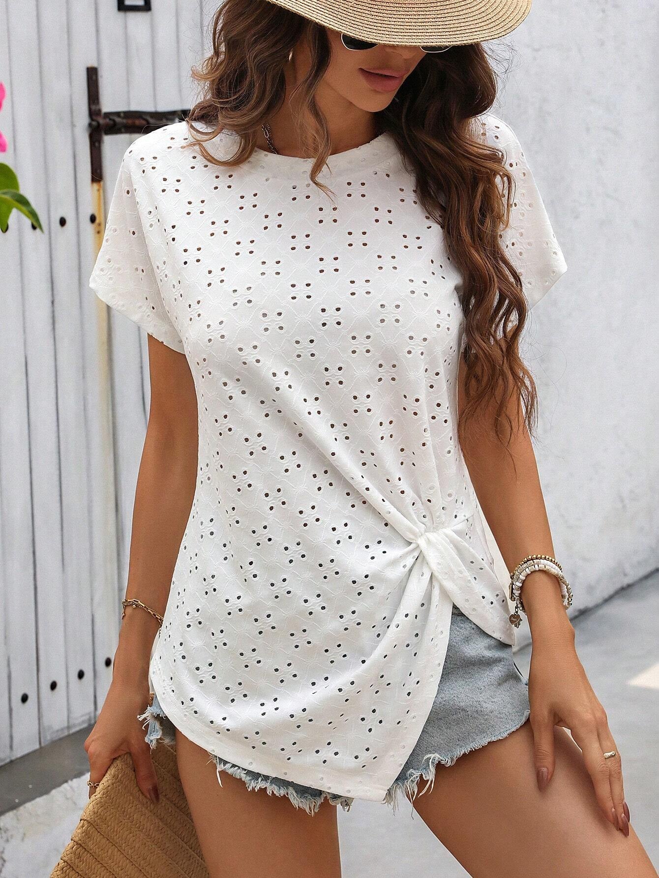 Casual Solid Color Fresh Jacquard Pleated Round Neck Shirt