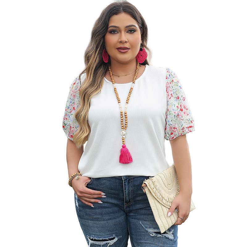 Floral Puff Sleeve Casual Loose Short Sleeve Top