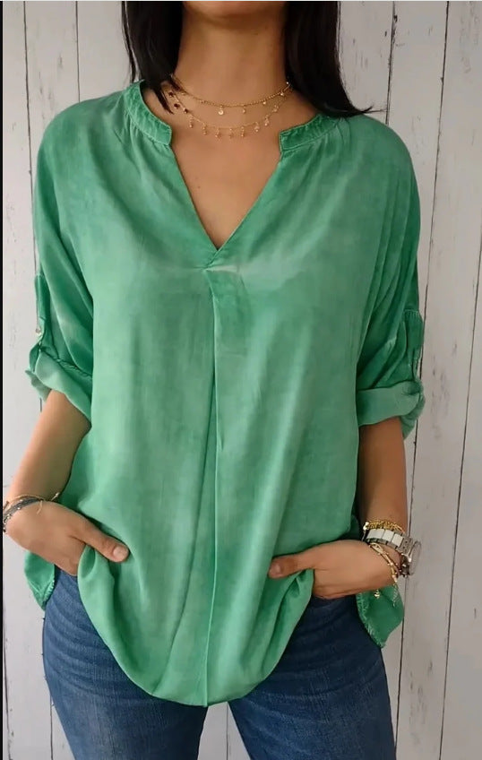 V-neck Cotton And Linen Pure Plus Size Shirt