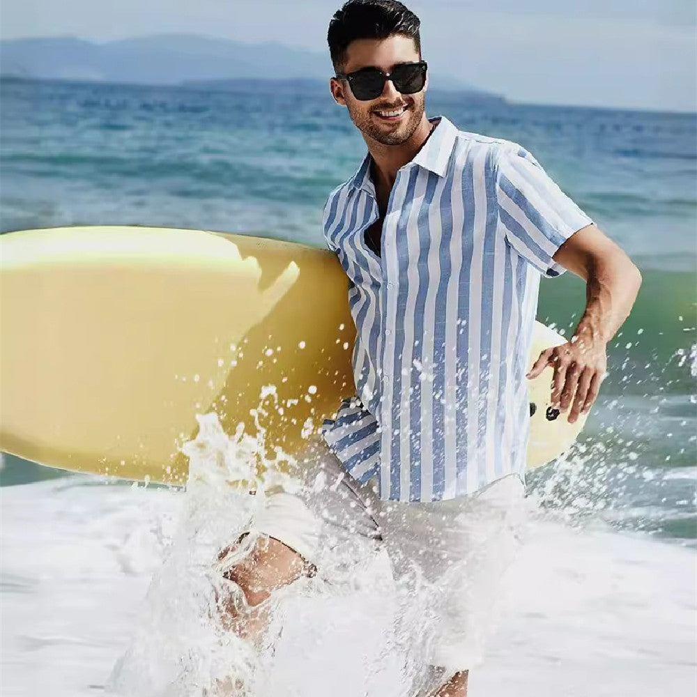 Casual Fashion Short Sleeve Striped Dress Shirt Cotton Beach Shirt