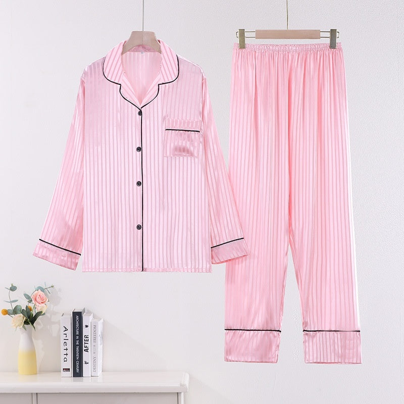 Casual Long Sleeve Artificial Silk Camisole Striped Homewear Suit