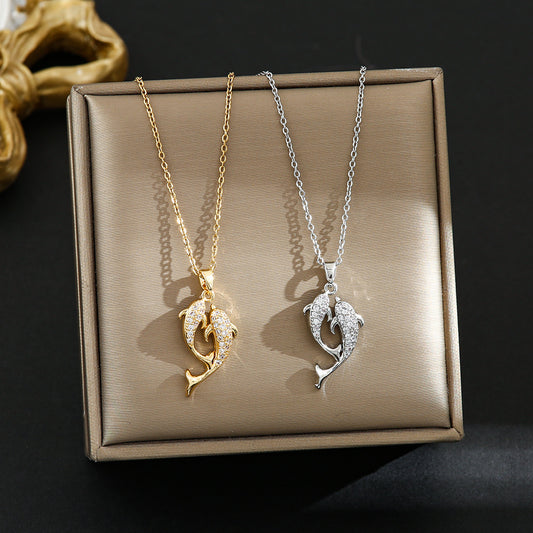 Micro-inlaid Dolphin Love Titanium Steel Necklace