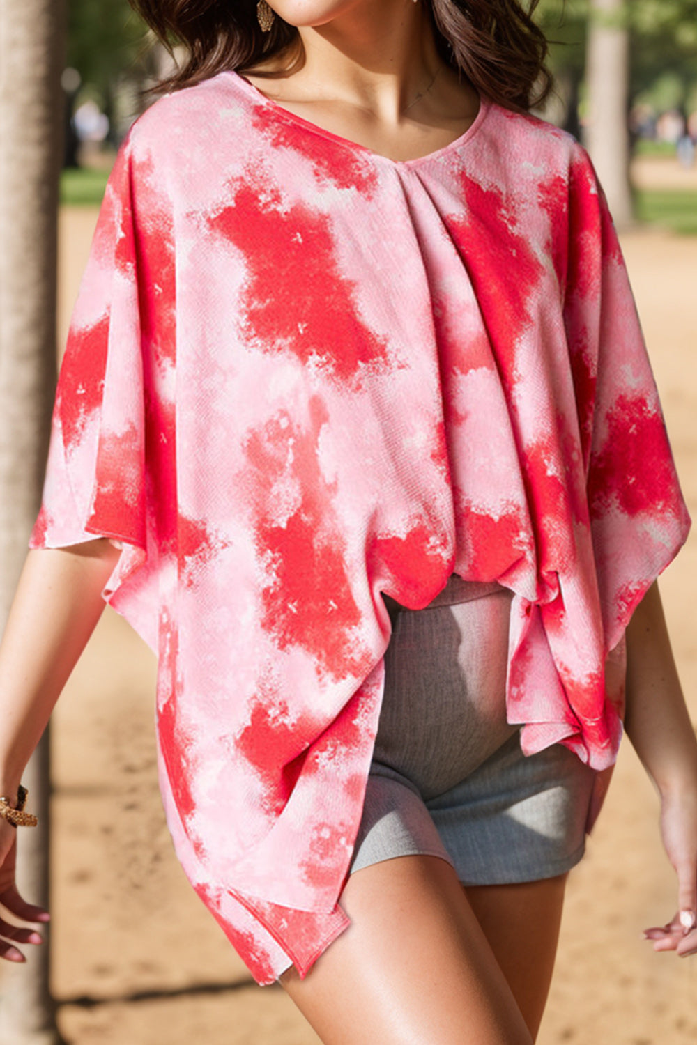 Plus Size Tie-Dye V-Neck Half Sleeve Blouse