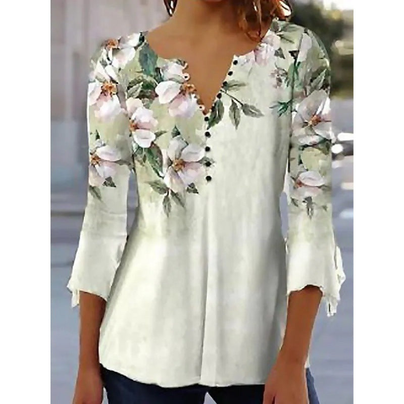 Button V-neck Flared Sleeve Shirt