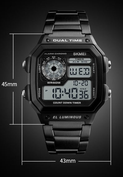 Steel double display multi-function waterproof watch