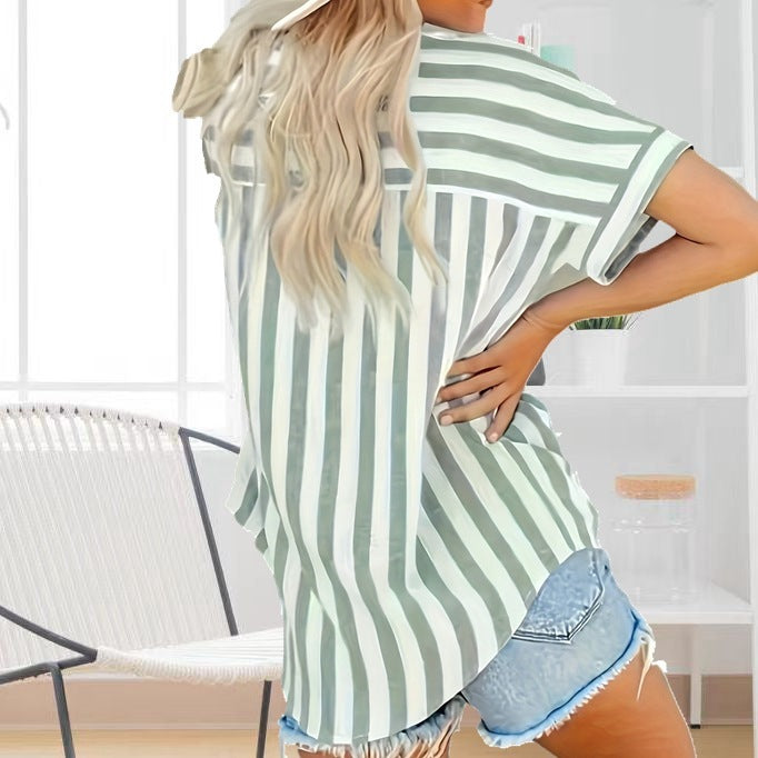 Fashion Elegant Comfortable Button Striped Plus Size Summer Shirt