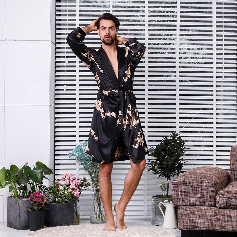 Men's simulation silk long sleeve robe