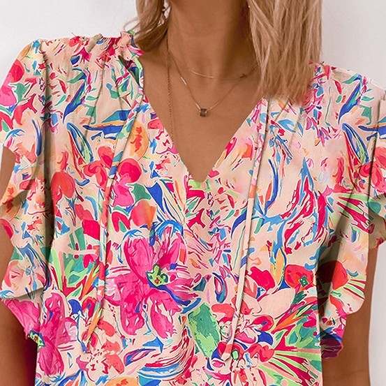 Thin V-neck Ruffled Printed Short-sleeved Shirt