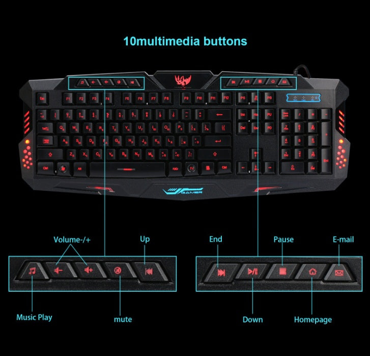 Tricolor backlight wired gaming keyboard set