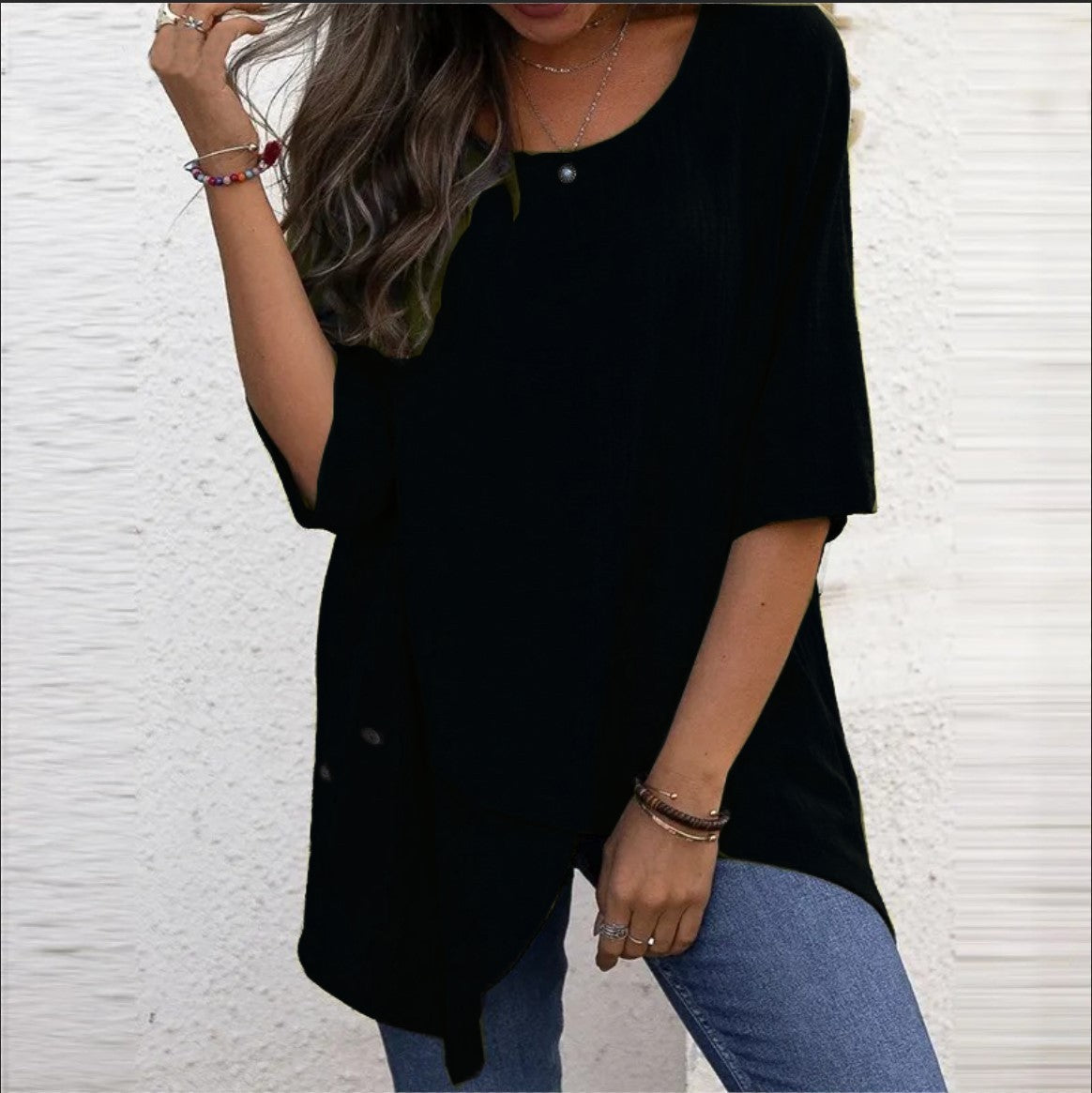 Cotton Linen Round-neck Irregular Half Sleeve Shirt