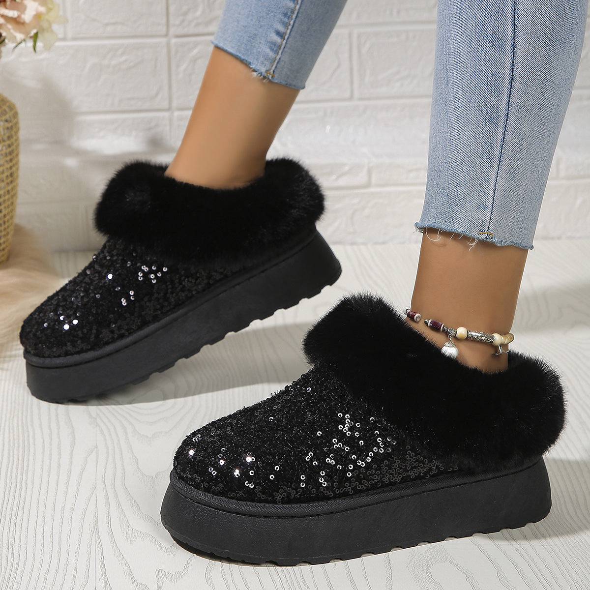 Fashion Sequined Thick-soled Plush Slippers