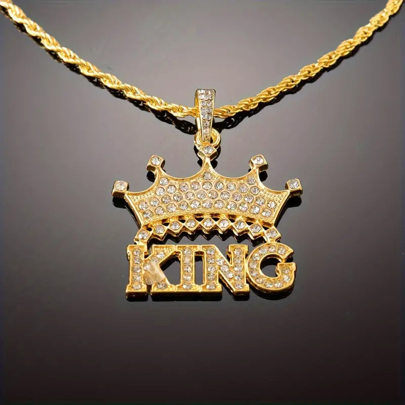 Rhinestone Diamond Crown King Pendant Necklace.