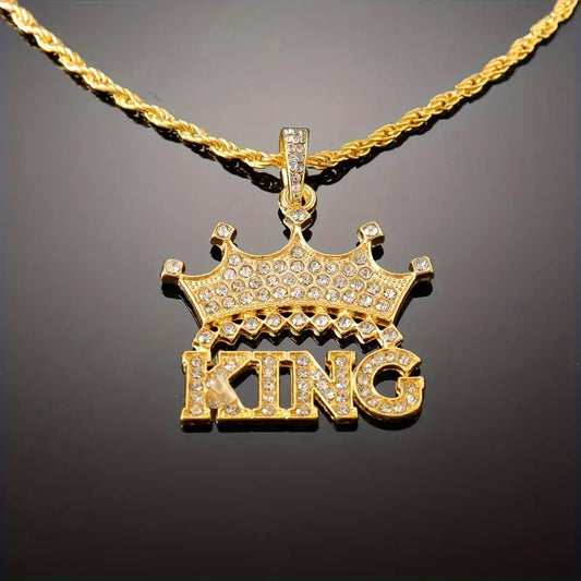 Rhinestone Diamond Crown King Pendant Necklace.