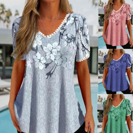 Loose Ruffled V-neck Short-sleeved Printed Top