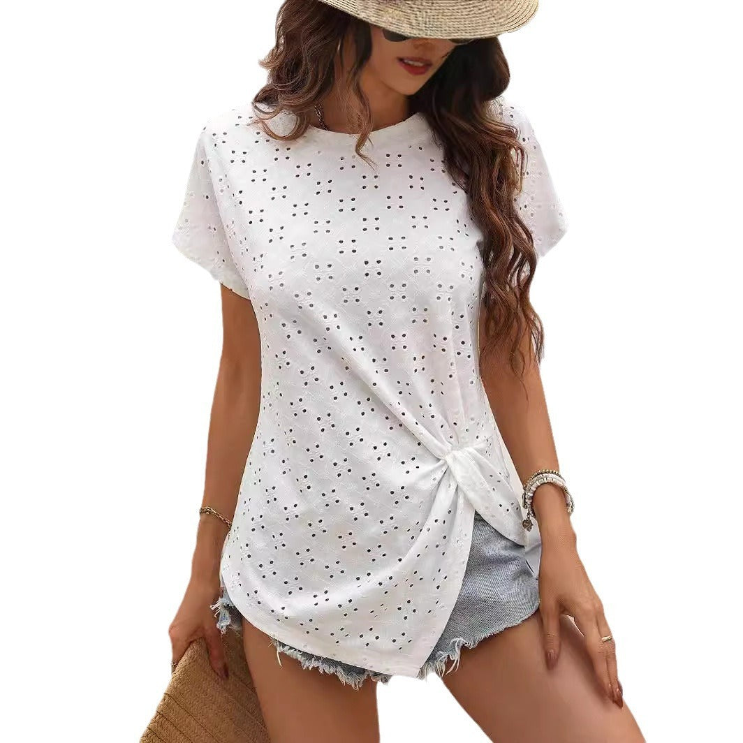 Casual Solid Color Fresh Jacquard Pleated Round Neck Shirt