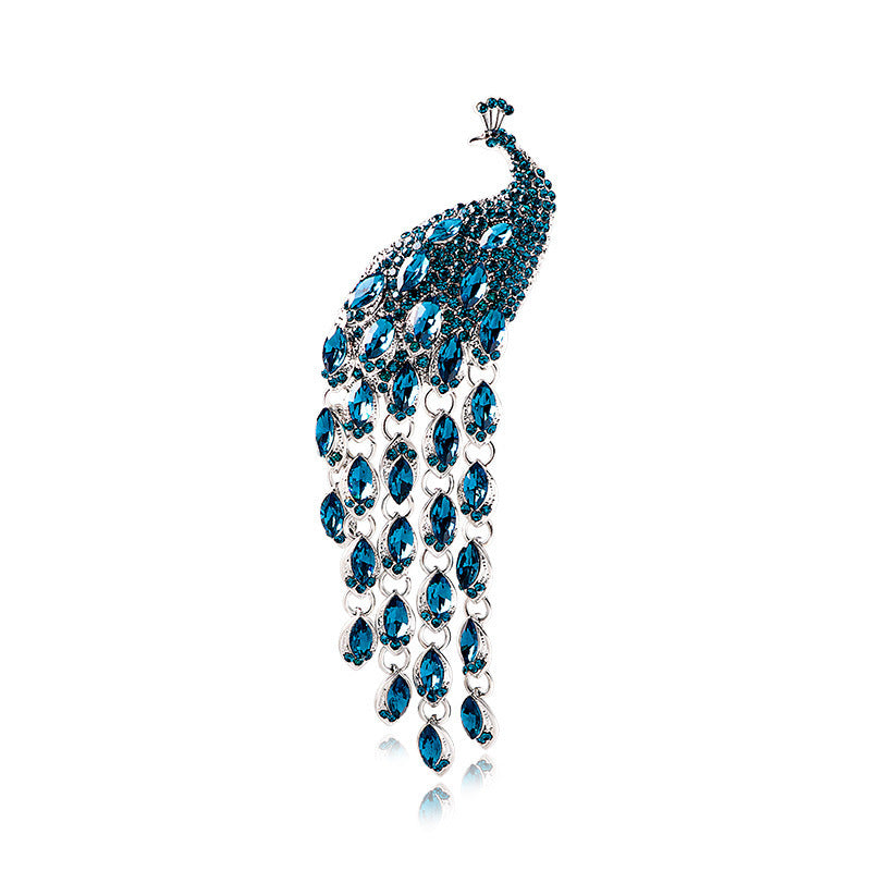 Large Long Tail Crystal Peacock Tassel Brooch