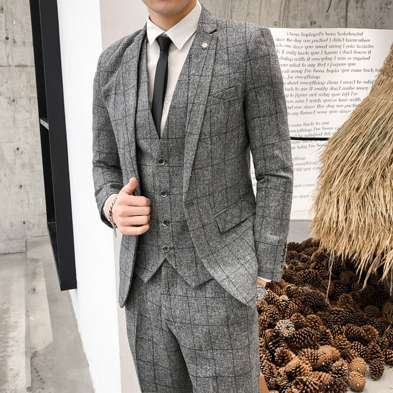 Men's Plaid Slim Fit Three-piece Suit