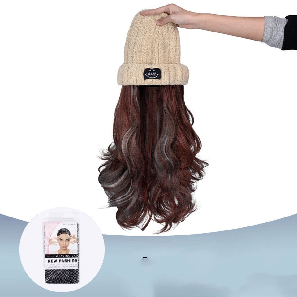 Winter Fashion Beige Knit Pick Dye Gradient Long Curly Hair Hundred Take Wig Hat