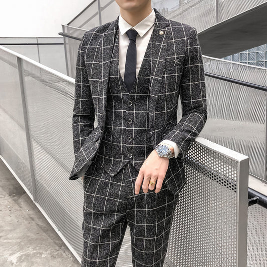 Men's Plaid Slim Fit Three-piece Suit