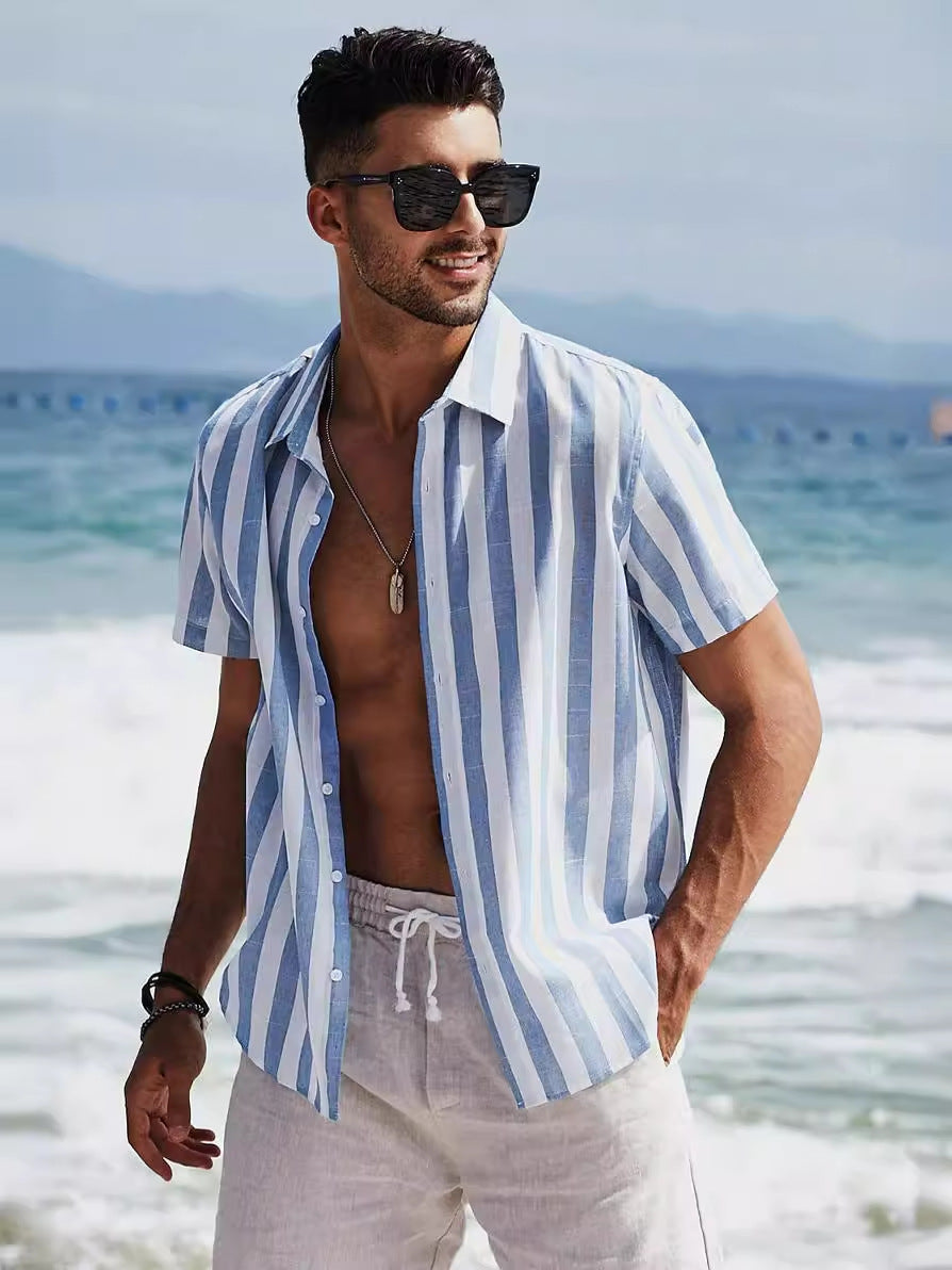 Casual Fashion Short Sleeve Striped Dress Shirt Cotton Beach Shirt