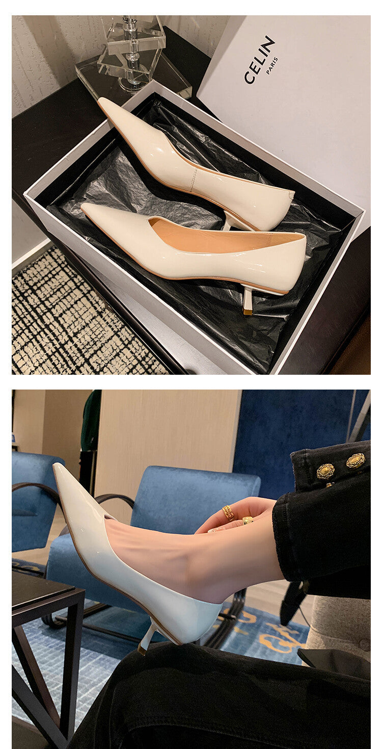 Patent Sheepskin Stiletto Heel Pointed Toe V-shaped Mouth Pumps