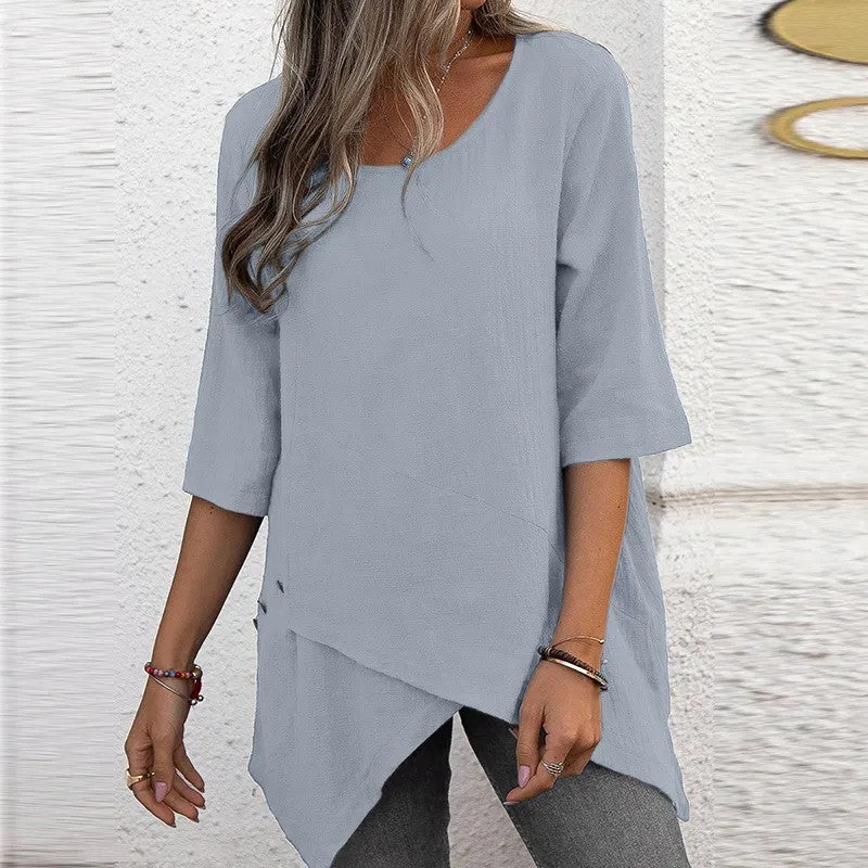 Cotton Linen Round-neck Irregular Half Sleeve Shirt