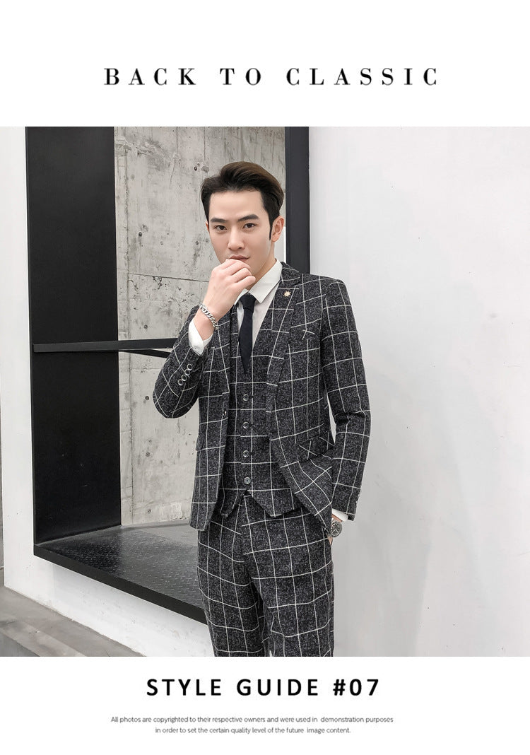 Men's Plaid Slim Fit Three-piece Suit