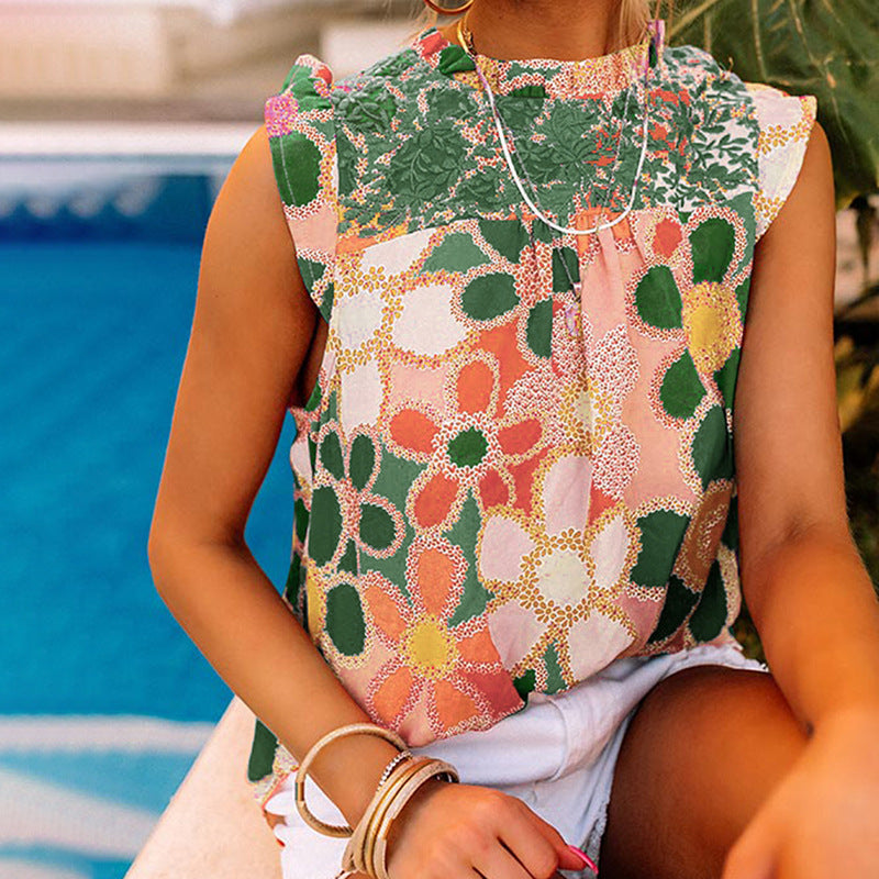 European Sleeveless Ruffled Printed Top